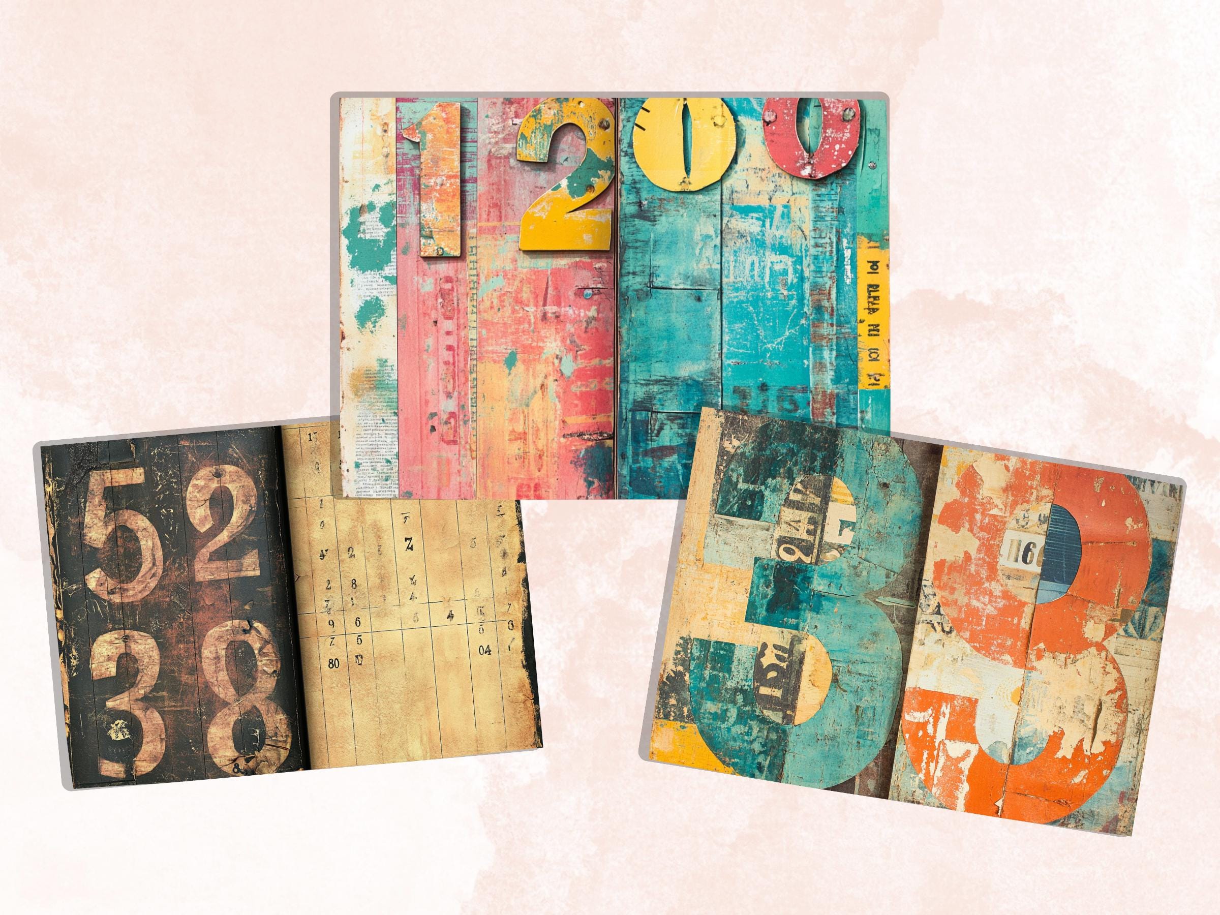 Grunge Numbers Junk Journal Kit, Vintage Distressed Grungy Pages Ephemera, Grunge Collage Sheet, Scrapbook Paper, Retro Grungy Background
