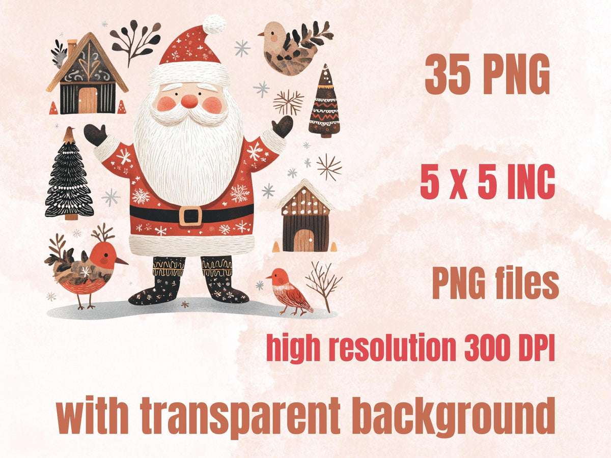 35 PNG Scandinavian Christmas Santa Clipart, Christmas Santa Folk Art Illustrations Clip art, Winter Holiday png, Nordic Xmas Noel Ornaments