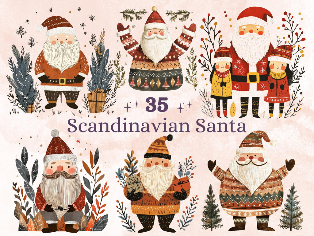 35 PNG Scandinavian Christmas Santa Clipart, Christmas Santa Folk Art Illustrations Clip art, Winter Holiday png, Nordic Xmas Noel Ornaments