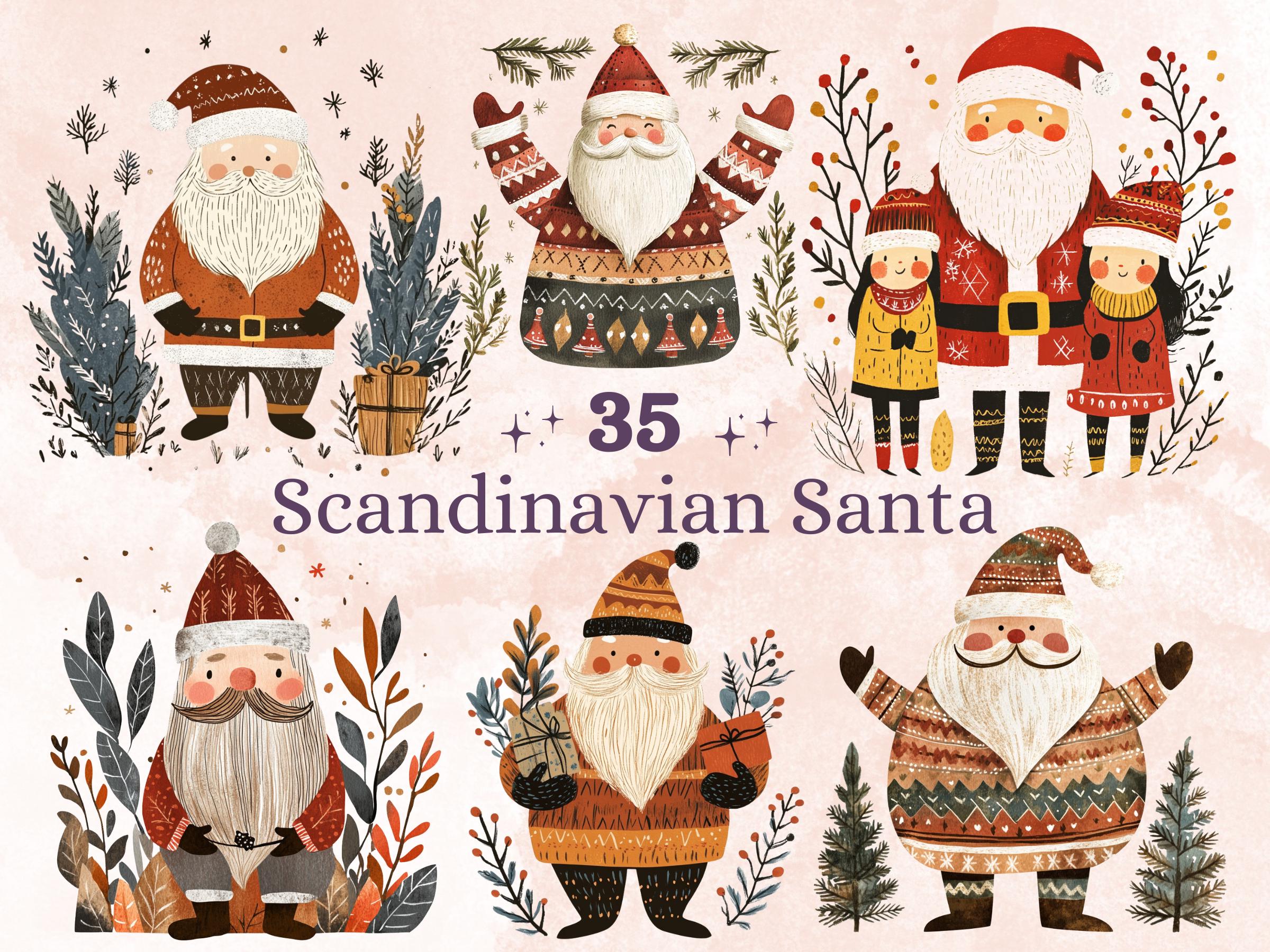35 PNG Scandinavian Christmas Santa Clipart, Christmas Santa Folk Art Illustrations Clip art, Winter Holiday png, Nordic Xmas Noel Ornaments
