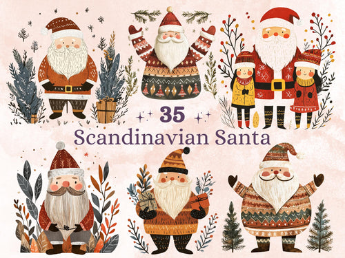 35 PNG Scandinavian Christmas Santa Clipart, Christmas Santa Folk Art Illustrations Clip art, Winter Holiday png, Nordic Xmas Noel Ornaments