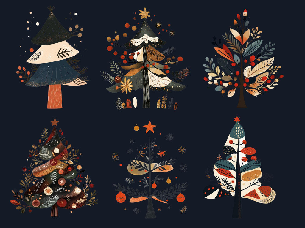 30 PNG Scandinavian Christmas Tree Clipart, Christmas Tree Folk Art Illustrations Clip art, Winter Holiday png, Nordic Xmas Noel Ornaments