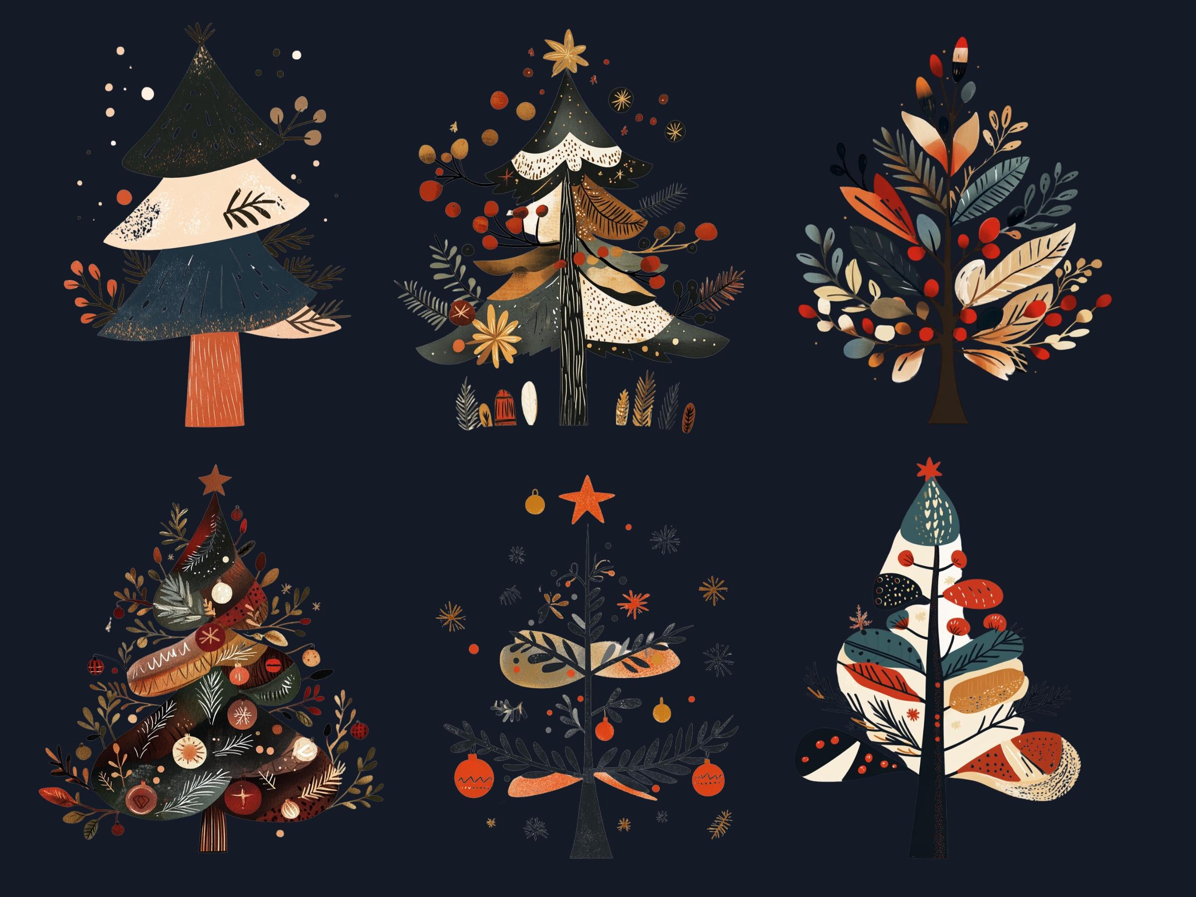 30 PNG Scandinavian Christmas Tree Clipart, Christmas Tree Folk Art Illustrations Clip art, Winter Holiday png, Nordic Xmas Noel Ornaments