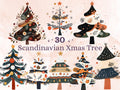 30 PNG Scandinavian Christmas Tree Clipart, Christmas Tree Folk Art Illustrations Clip art, Winter Holiday png, Nordic Xmas Noel Ornaments