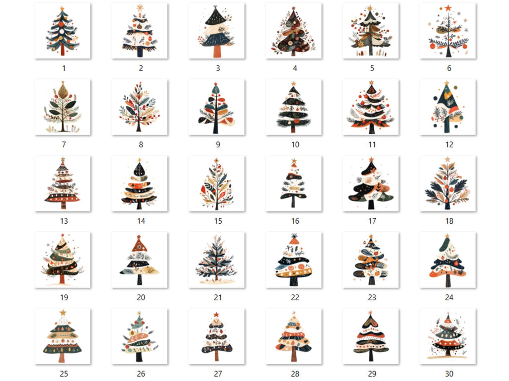 30 PNG Scandinavian Christmas Tree Clipart, Christmas Tree Folk Art Illustrations Clip art, Winter Holiday png, Nordic Xmas Noel Ornaments