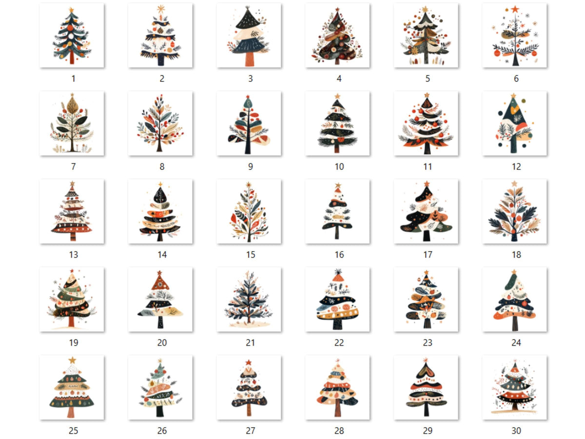 30 PNG Scandinavian Christmas Tree Clipart, Christmas Tree Folk Art Illustrations Clip art, Winter Holiday png, Nordic Xmas Noel Ornaments