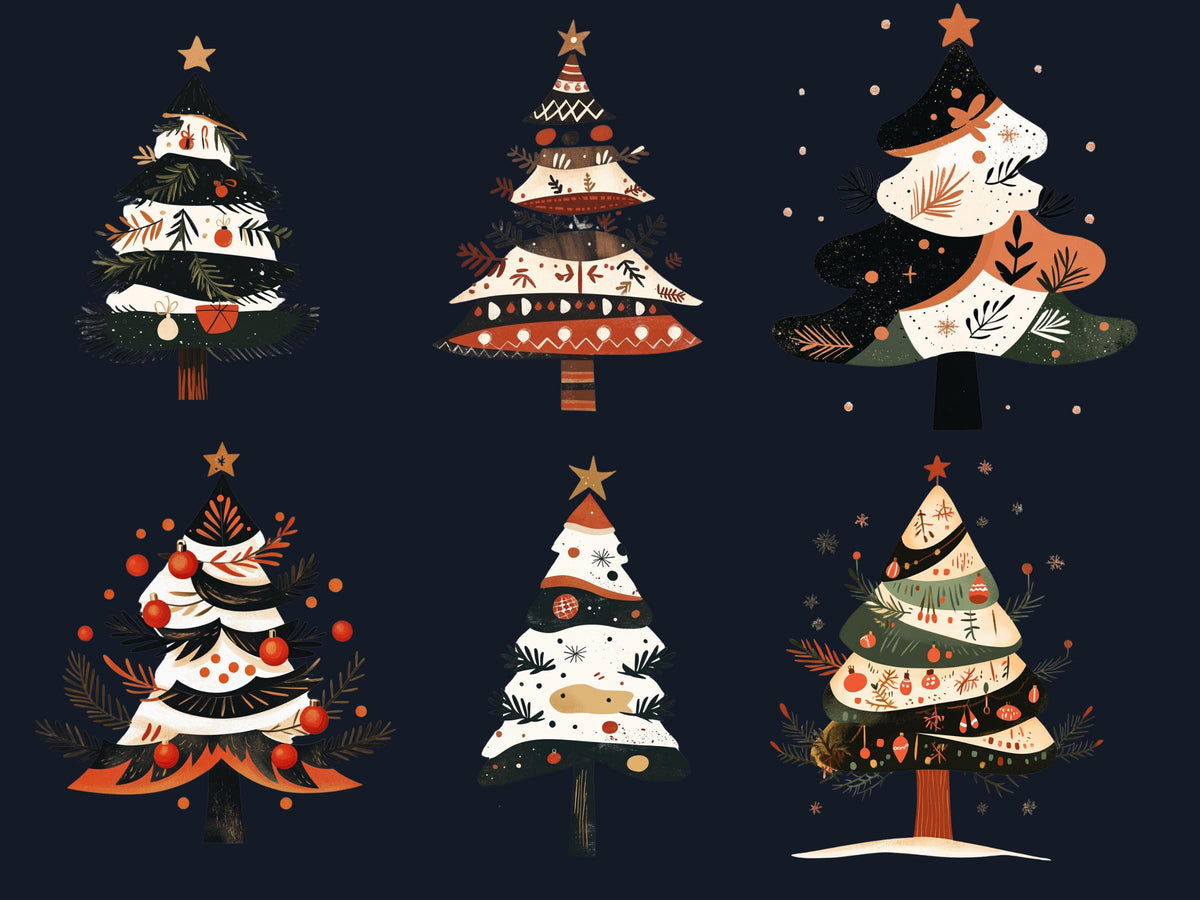 30 PNG Scandinavian Christmas Tree Clipart, Christmas Tree Folk Art Illustrations Clip art, Winter Holiday png, Nordic Xmas Noel Ornaments