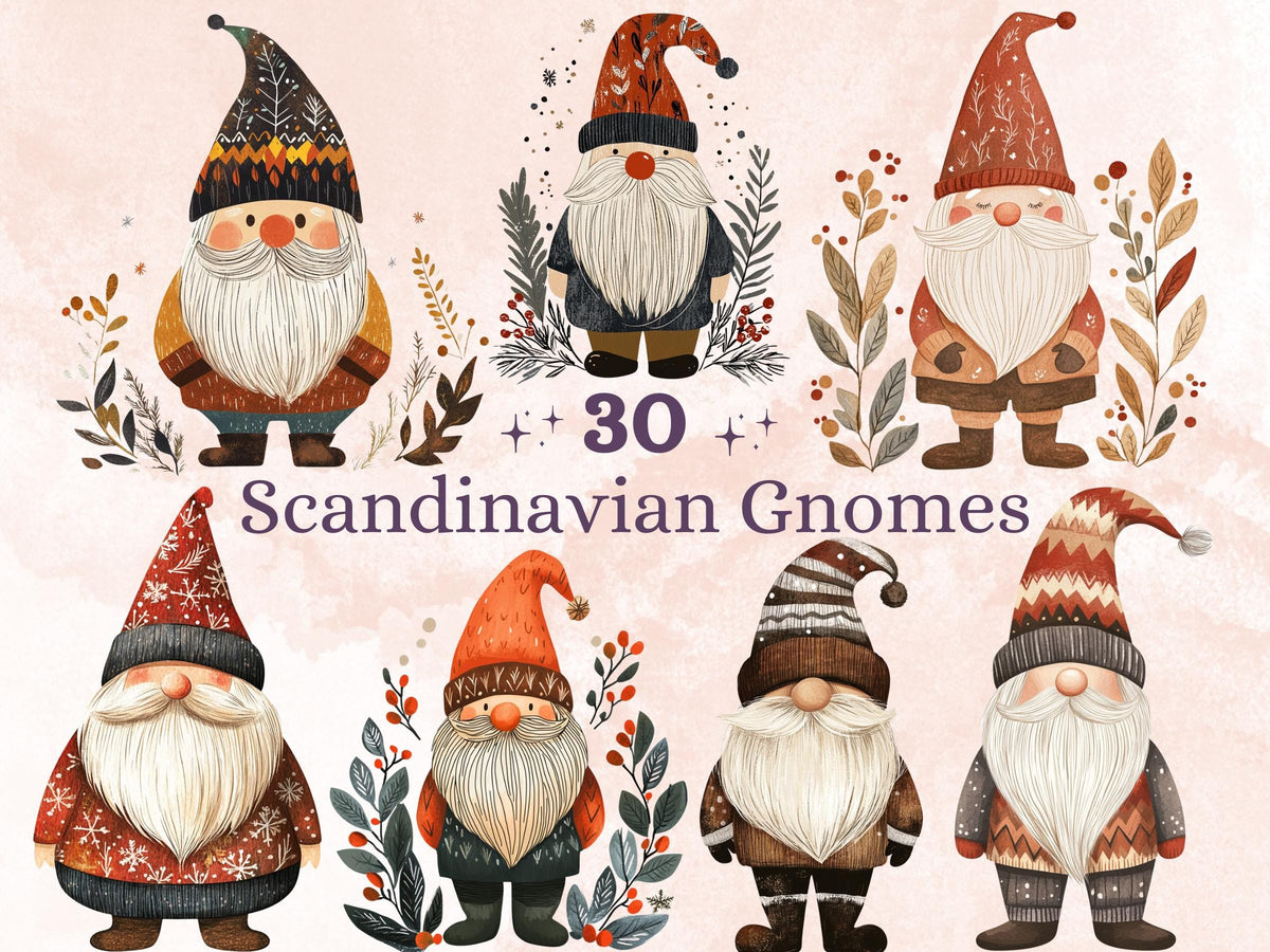 30 PNG Scandinavian Christmas Gnome Clipart, Christmas Gnome Folk Art Illustrations Clip art, Winter Holiday png, Nordic Xmas Noel Ornaments