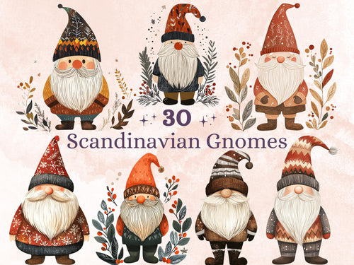 30 PNG Scandinavian Christmas Gnome Clipart, Christmas Gnome Folk Art Illustrations Clip art, Winter Holiday png, Nordic Xmas Noel Ornaments