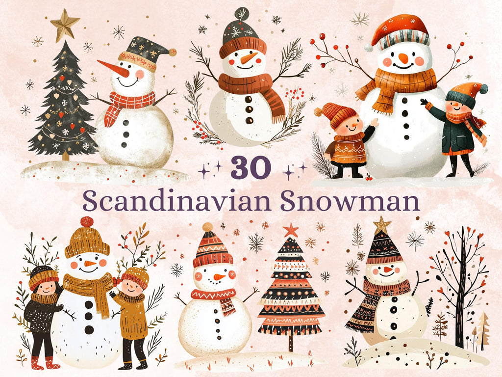 30 PNG Scandinavian Christmas Snowman Clipart, Christmas Folk Art Illustration Clip art, Winter Snowman png, Nordic Xmas Noel Ornament