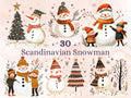 30 PNG Scandinavian Christmas Snowman Clipart, Christmas Folk Art Illustration Clip art, Winter Snowman png, Nordic Xmas Noel Ornament