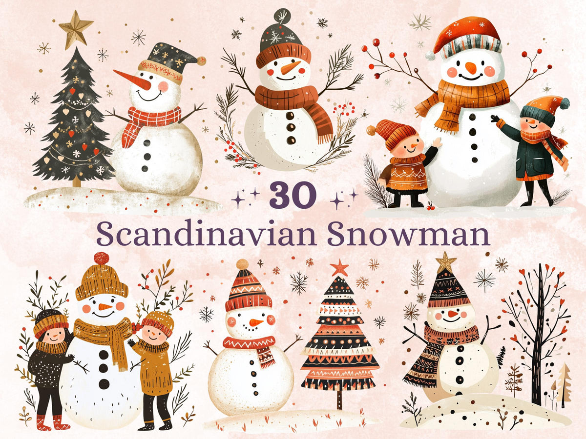 30 PNG Scandinavian Christmas Snowman Clipart, Christmas Folk Art Illustration Clip art, Winter Snowman png, Nordic Xmas Noel Ornament