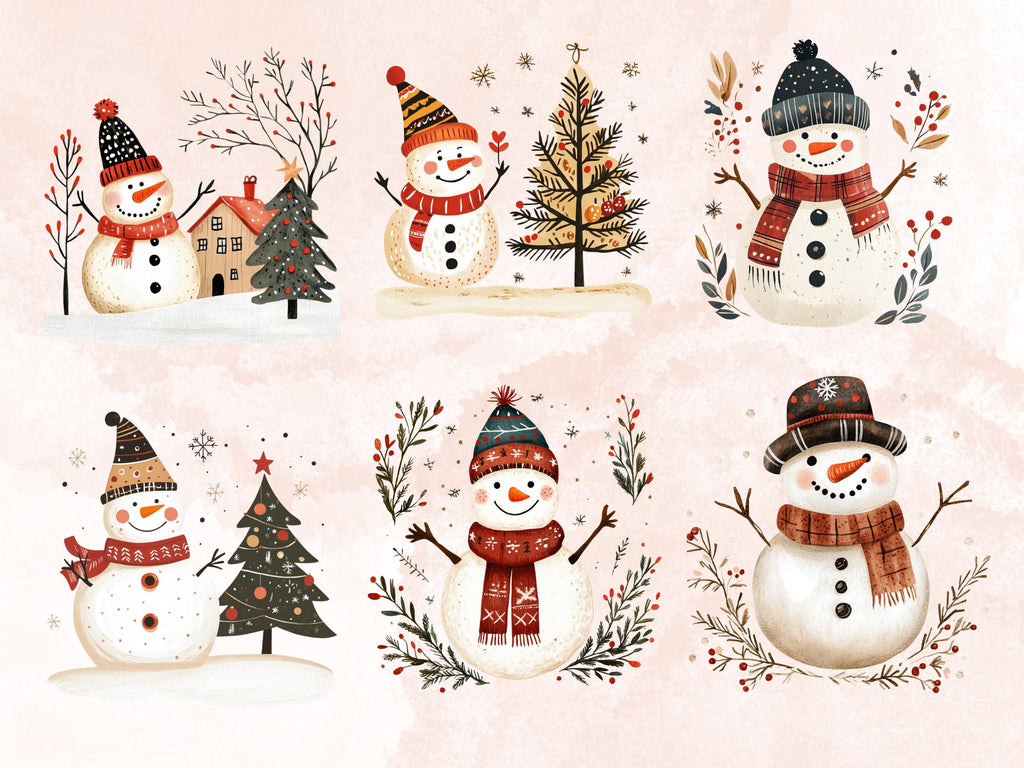 30 PNG Scandinavian Christmas Snowman Clipart, Christmas Folk Art Illustration Clip art, Winter Snowman png, Nordic Xmas Noel Ornament