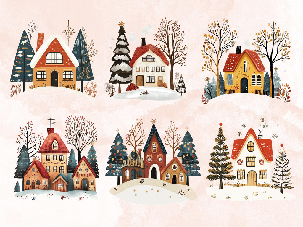 30 PNG Scandinavian Christmas House Clipart, Christmas House Folk Art Illustration Clip art, Winter Houses png, Nordic Xmas Noel Ornament