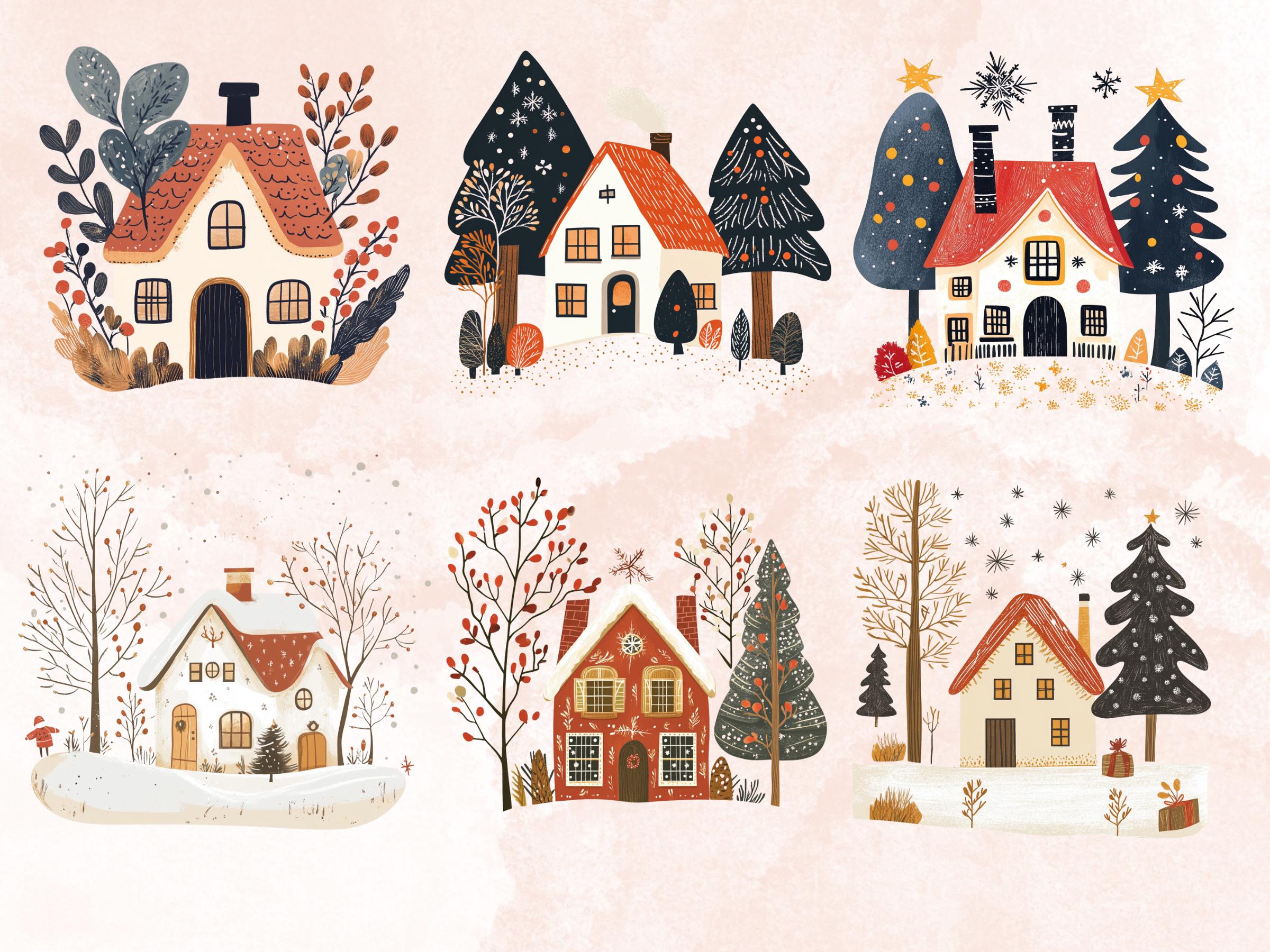 30 PNG Scandinavian Christmas House Clipart, Christmas House Folk Art Illustration Clip art, Winter Houses png, Nordic Xmas Noel Ornament