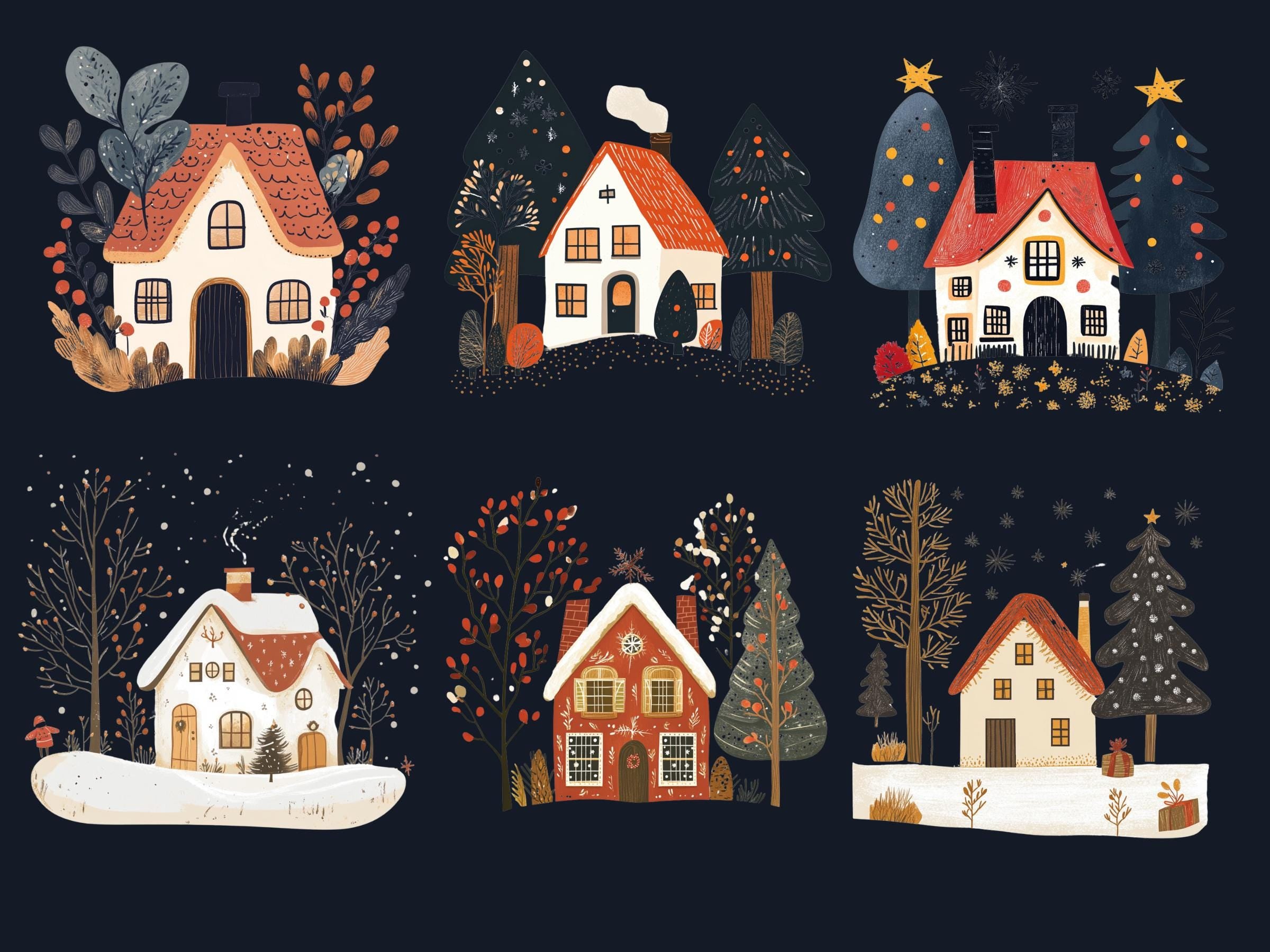 30 PNG Scandinavian Christmas House Clipart, Christmas House Folk Art Illustration Clip art, Winter Houses png, Nordic Xmas Noel Ornament
