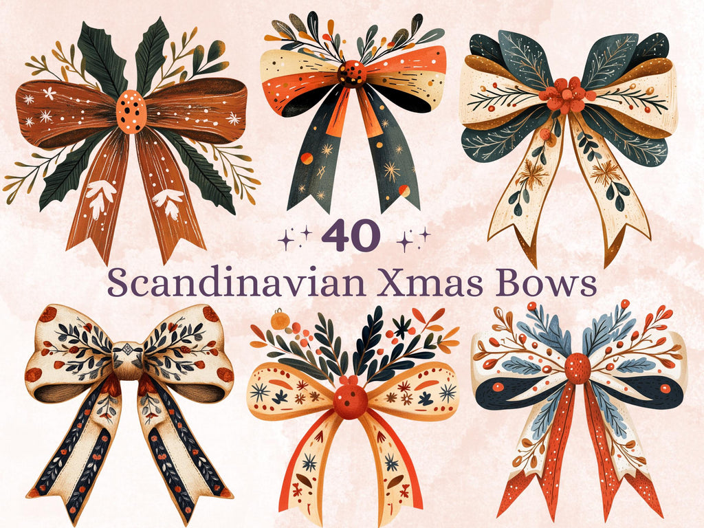 40 PNG Scandinavian Christmas Bows Clipart, Christmas Folk Art Illustration Clip art, Winter Coquette Bow png, Nordic Xmas Noel Ornament