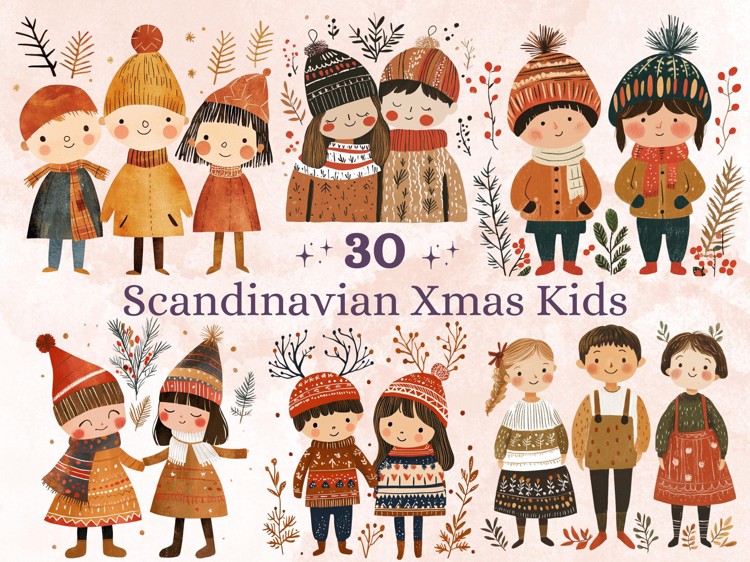 30 PNG Scandinavian Christmas Kids Clipart, Christmas Couple Folk Art Illustration Clip art, Cute Winter Xmas png, Nordic Xmas Noel Ornament