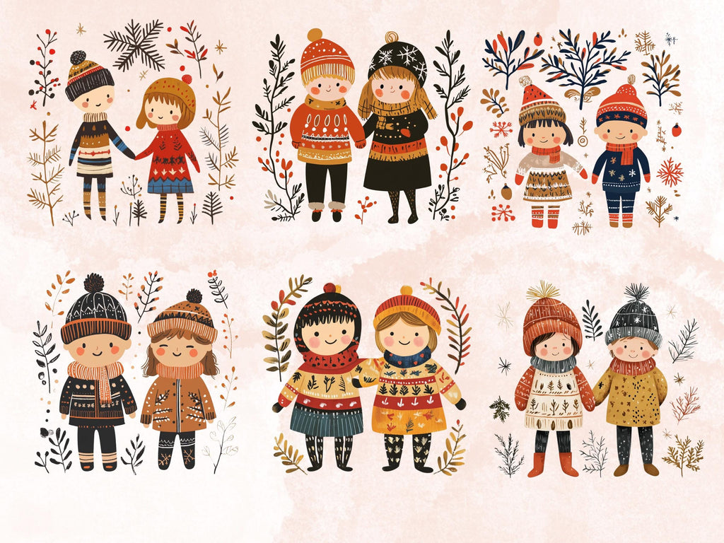 30 PNG Scandinavian Christmas Kids Clipart, Christmas Couple Folk Art Illustration Clip art, Cute Winter Xmas png, Nordic Xmas Noel Ornament