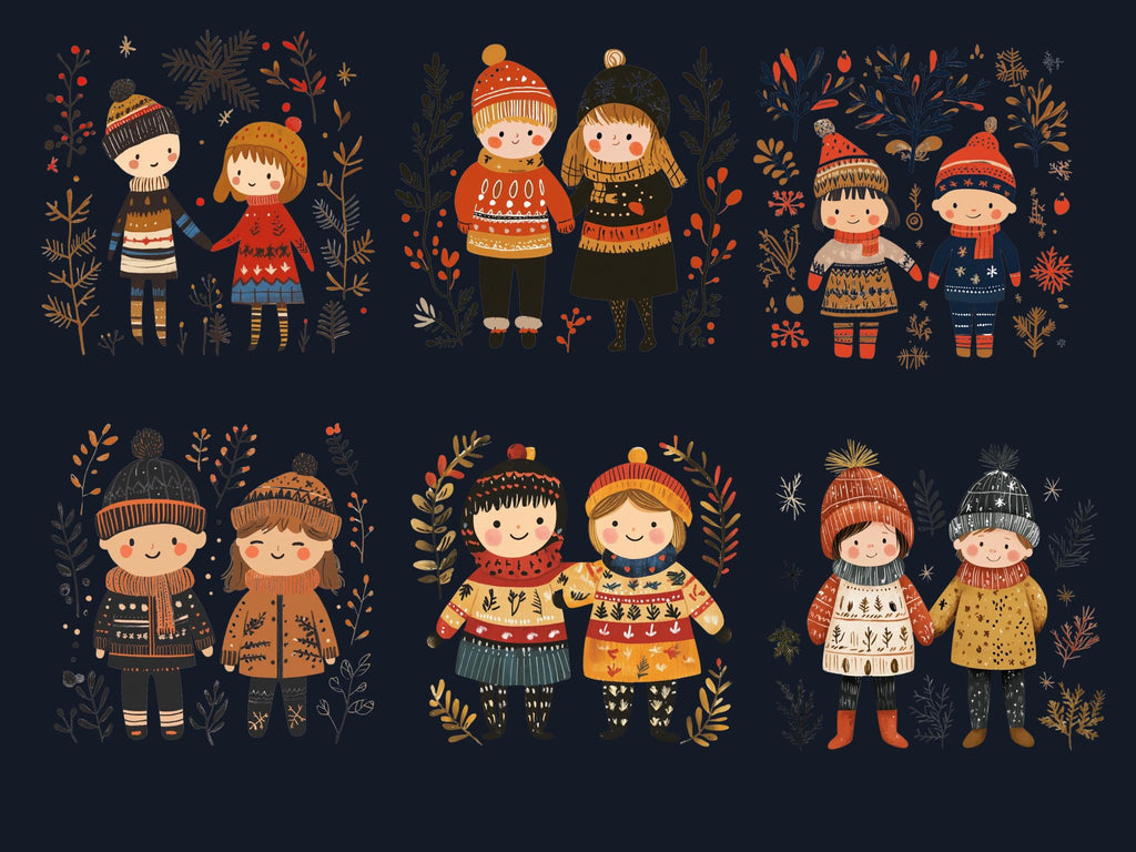 30 PNG Scandinavian Christmas Kids Clipart, Christmas Couple Folk Art Illustration Clip art, Cute Winter Xmas png, Nordic Xmas Noel Ornament