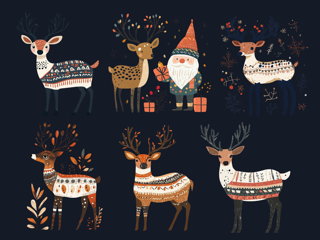 30 PNG Scandinavian Christmas Deer Clipart, Christmas Deer Folk Art Illustration Clip art, Cute Winter Xmas png, Nordic Xmas Noel Ornament