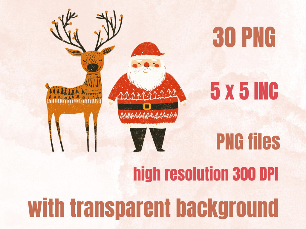 30 PNG Scandinavian Christmas Deer Clipart, Christmas Deer Folk Art Illustration Clip art, Cute Winter Xmas png, Nordic Xmas Noel Ornament