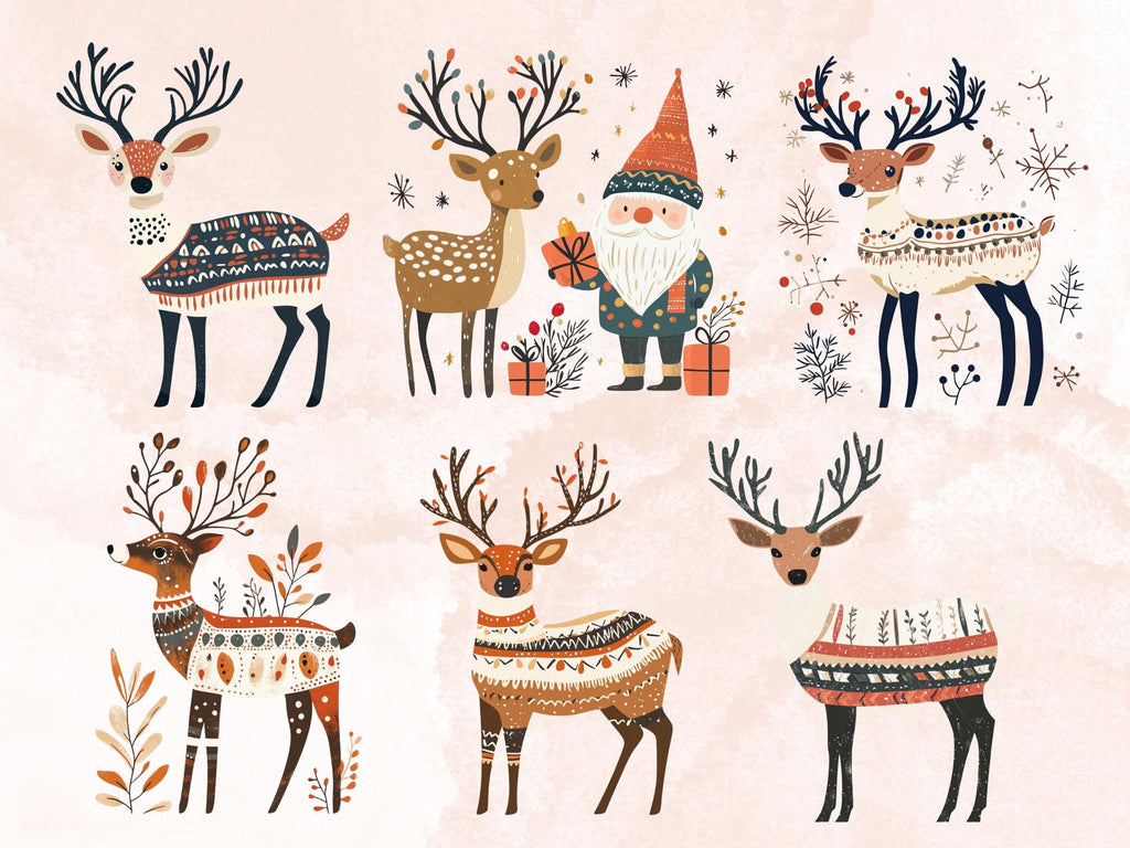 30 PNG Scandinavian Christmas Deer Clipart, Christmas Deer Folk Art Illustration Clip art, Cute Winter Xmas png, Nordic Xmas Noel Ornament