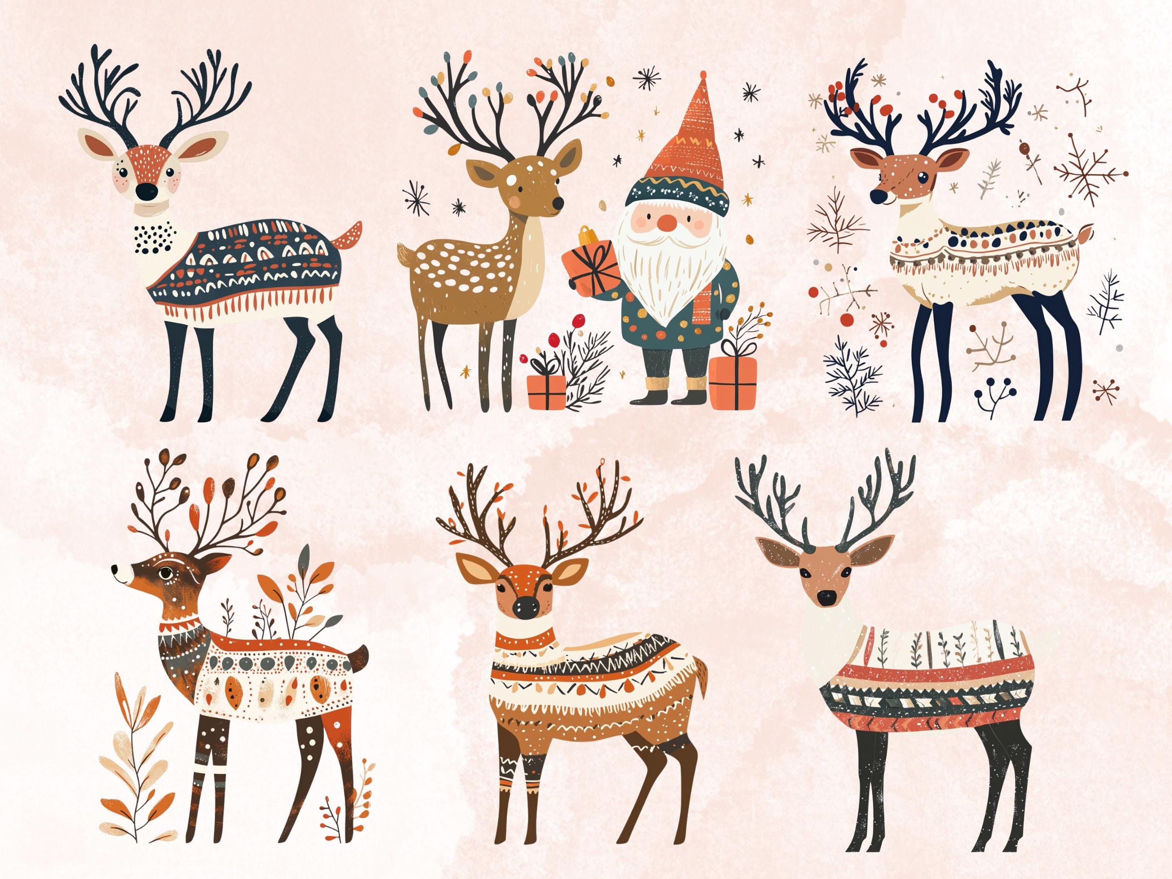 30 PNG Scandinavian Christmas Deer Clipart, Christmas Deer Folk Art Illustration Clip art, Cute Winter Xmas png, Nordic Xmas Noel Ornament