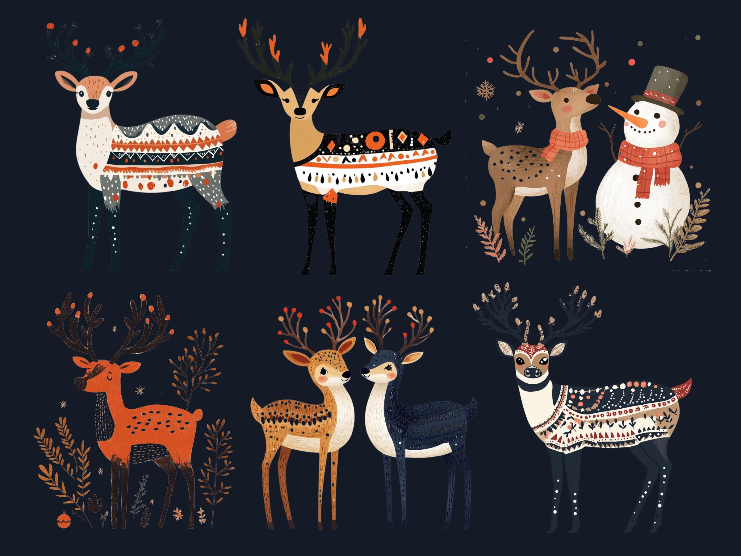 30 PNG Scandinavian Christmas Deer Clipart, Christmas Deer Folk Art Illustration Clip art, Cute Winter Xmas png, Nordic Xmas Noel Ornament