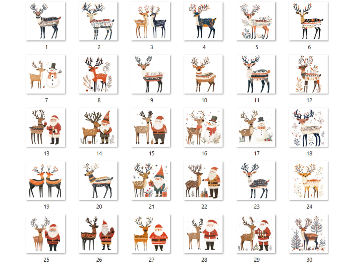 30 PNG Scandinavian Christmas Deer Clipart, Christmas Deer Folk Art Illustration Clip art, Cute Winter Xmas png, Nordic Xmas Noel Ornament