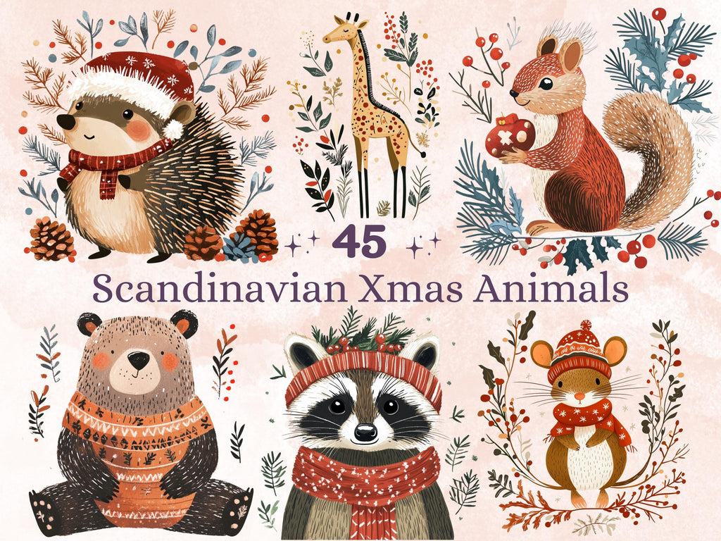 45 PNG Scandinavian Christmas Animals Clipart, Christmas Animal Folk Art Illustration Clip art, Winter Xmas png, Nordic Xmas Noel Ornament