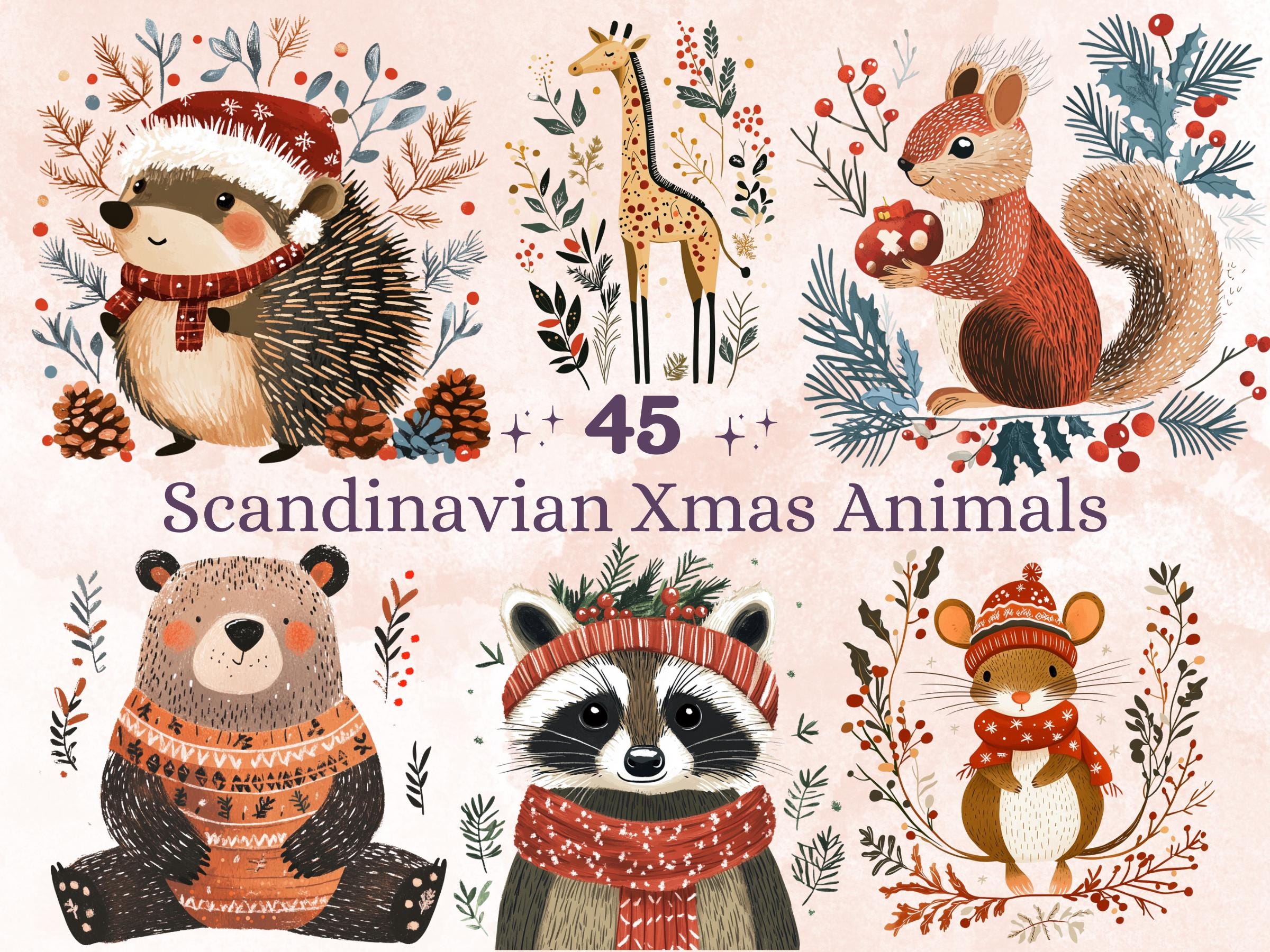 45 PNG Scandinavian Christmas Animals Clipart, Christmas Animal Folk Art Illustration Clip art, Winter Xmas png, Nordic Xmas Noel Ornament
