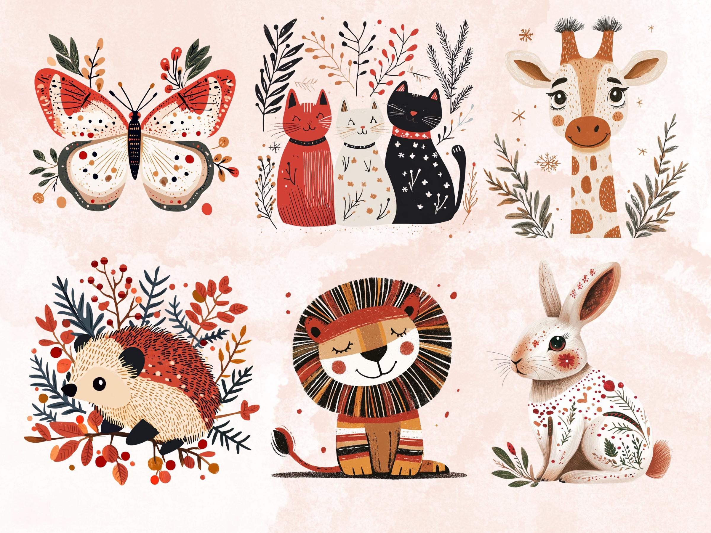 45 PNG Scandinavian Christmas Animals Clipart, Christmas Animal Folk Art Illustration Clip art, Winter Xmas png, Nordic Xmas Noel Ornament