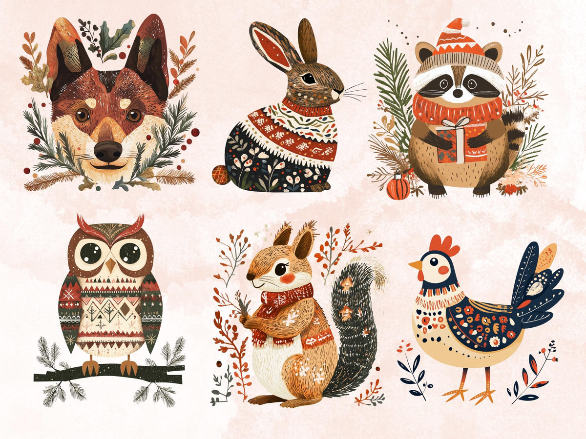 45 PNG Scandinavian Christmas Animals Clipart, Christmas Animal Folk Art Illustration Clip art, Winter Xmas png, Nordic Xmas Noel Ornament