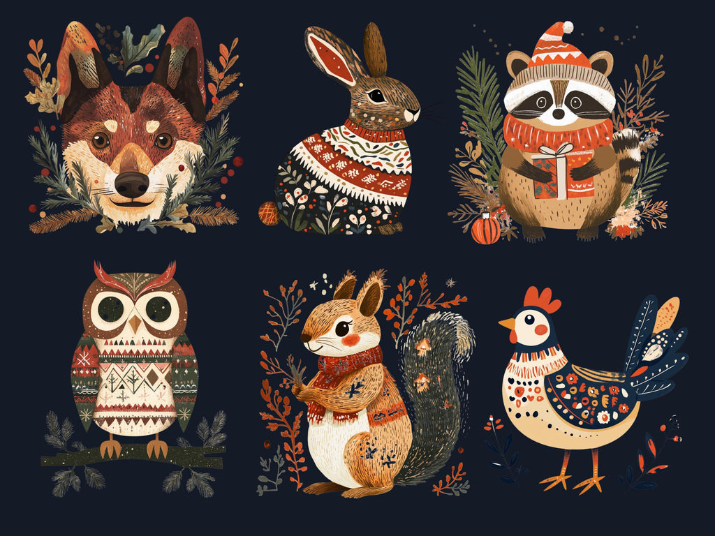 45 PNG Scandinavian Christmas Animals Clipart, Christmas Animal Folk Art Illustration Clip art, Winter Xmas png, Nordic Xmas Noel Ornament