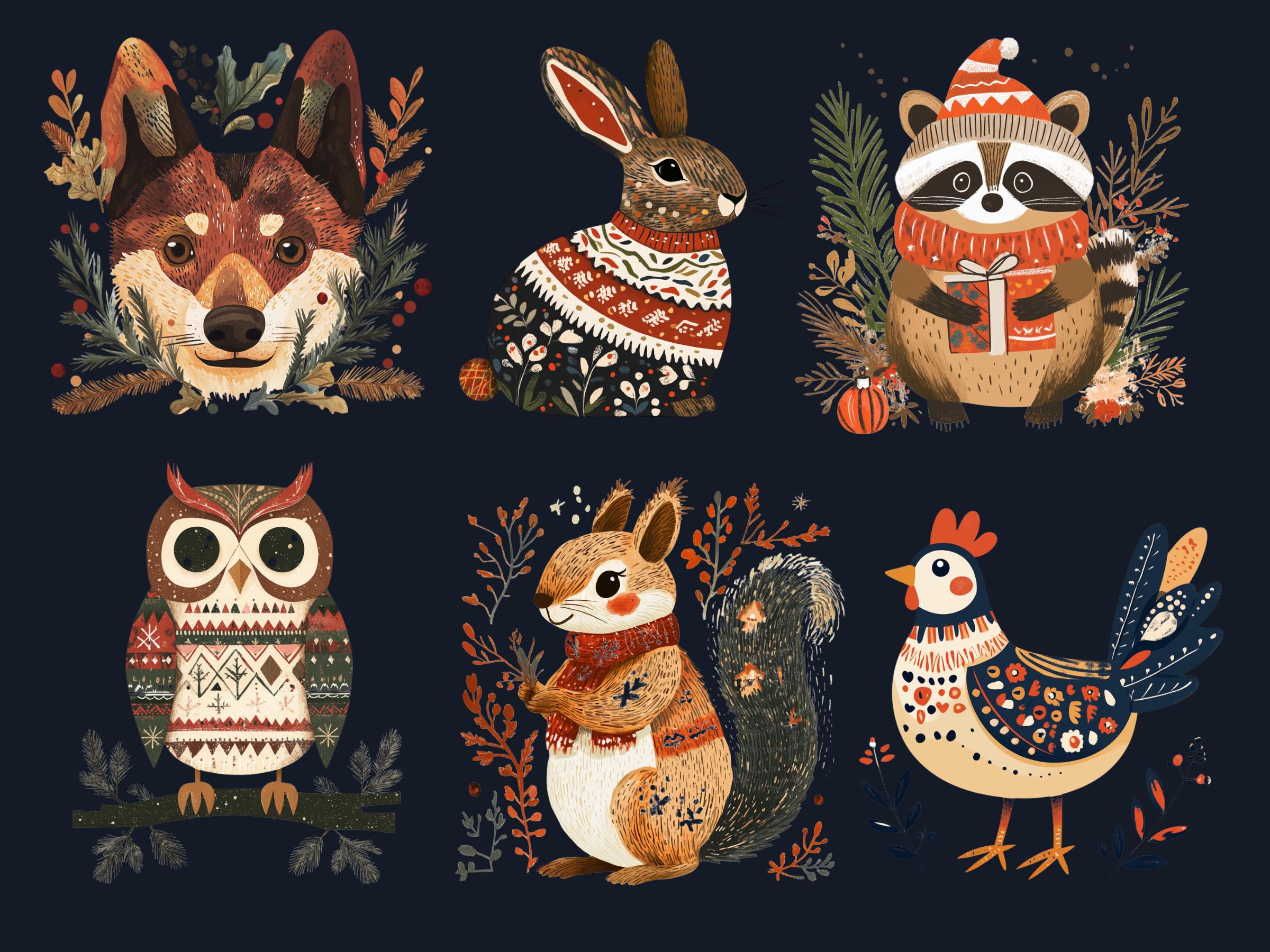 45 PNG Scandinavian Christmas Animals Clipart, Christmas Animal Folk Art Illustration Clip art, Winter Xmas png, Nordic Xmas Noel Ornament