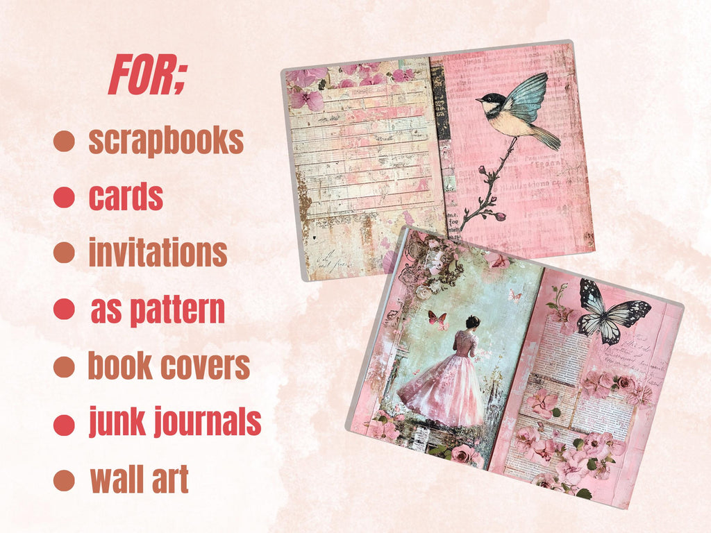 Pink Junk Journal Kit, Pink Pages Ephemera, Whimsical Collage Sheet, Pastel Cute Scrapbook Paper, Mixed Media Art ATC Card, Pink Background