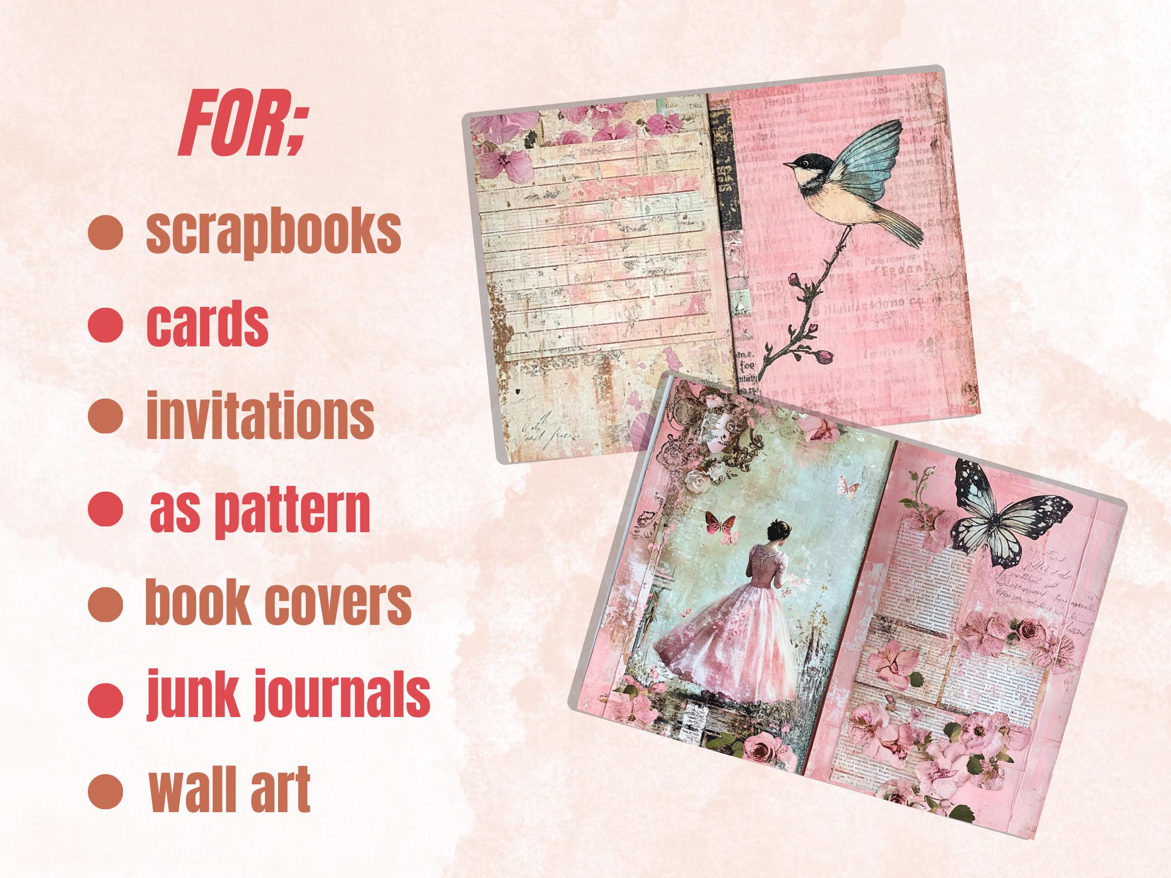 Pink Junk Journal Kit, Pink Pages Ephemera, Whimsical Collage Sheet, Pastel Cute Scrapbook Paper, Mixed Media Art ATC Card, Pink Background