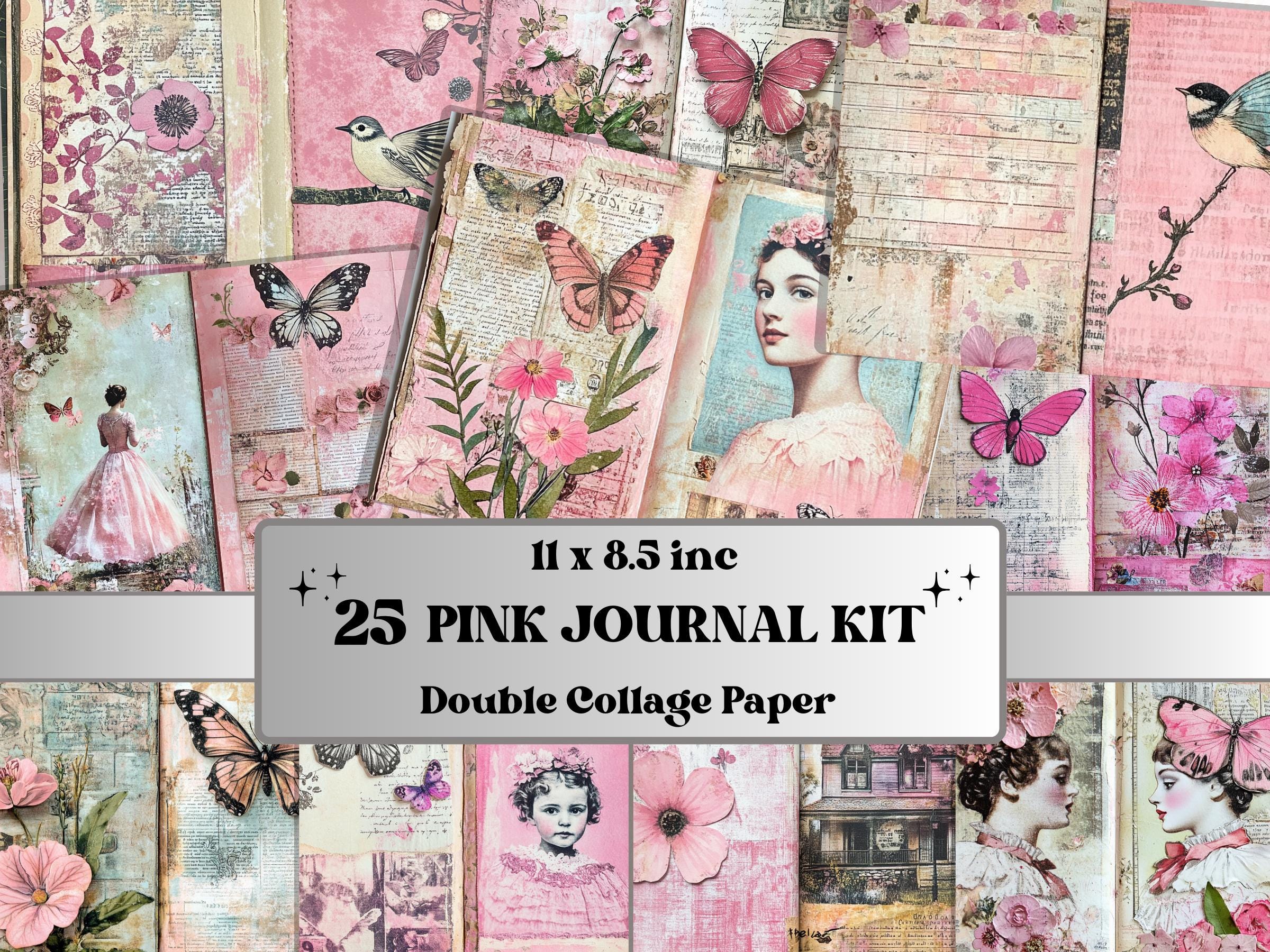 Pink Junk Journal Kit, Pink Pages Ephemera, Whimsical Collage Sheet, Pastel Cute Scrapbook Paper, Mixed Media Art ATC Card, Pink Background