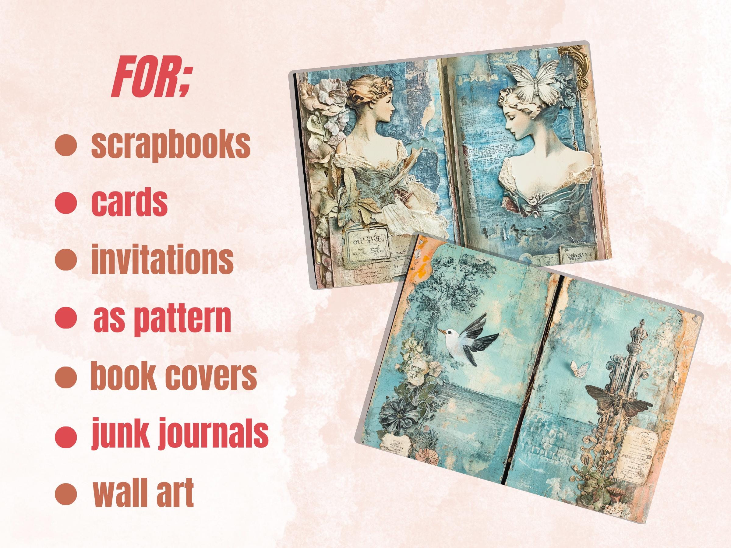 Blue Junk Journal Kit, Blue Pages Ephemera, Whimsical Collage Sheet, Denim Cute Scrapbook Paper, Mixed Media Art ATC Card, Blue Background