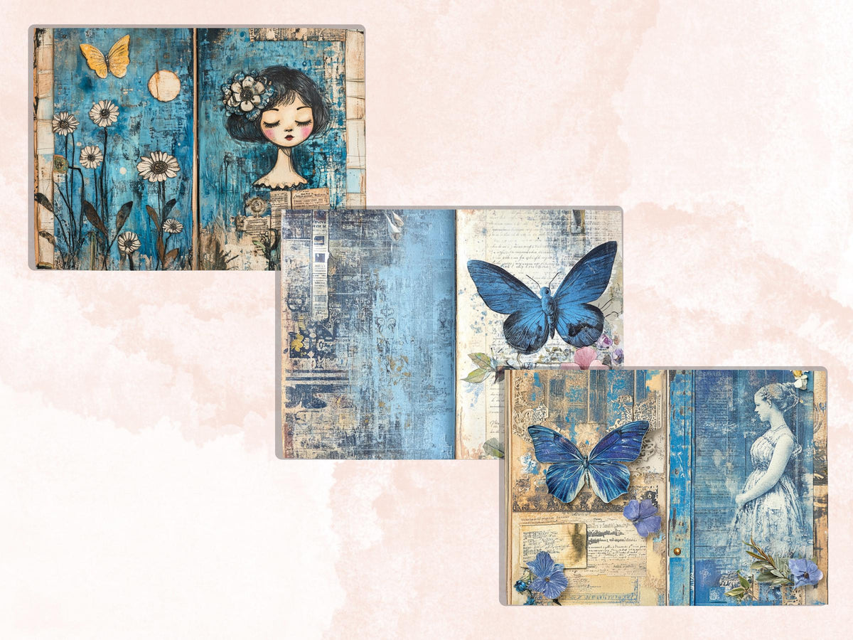 Blue Junk Journal Kit, Blue Pages Ephemera, Whimsical Collage Sheet, Denim Cute Scrapbook Paper, Mixed Media Art ATC Card, Blue Background