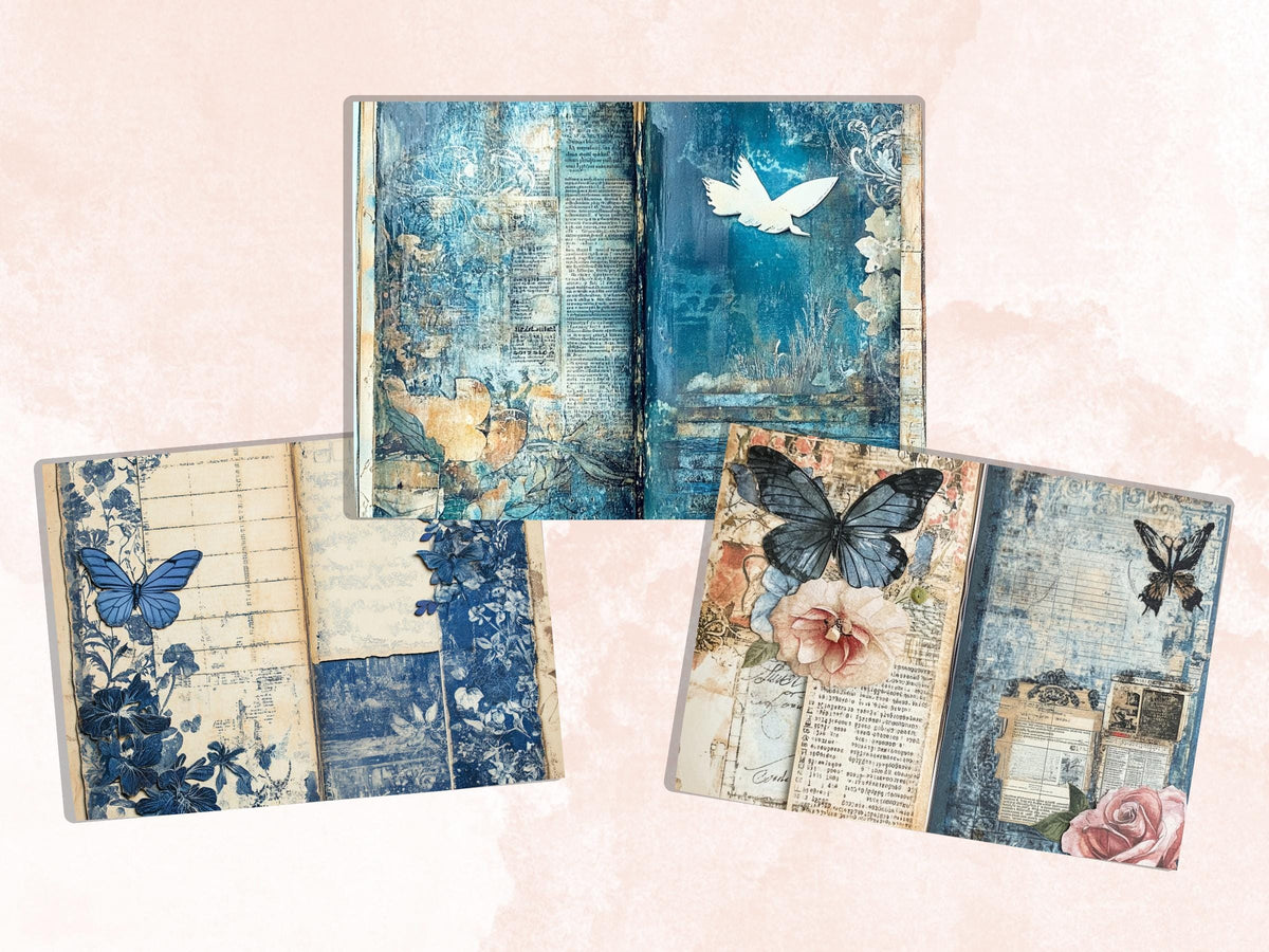 Blue Junk Journal Kit, Blue Pages Ephemera, Whimsical Collage Sheet, Denim Cute Scrapbook Paper, Mixed Media Art ATC Card, Blue Background