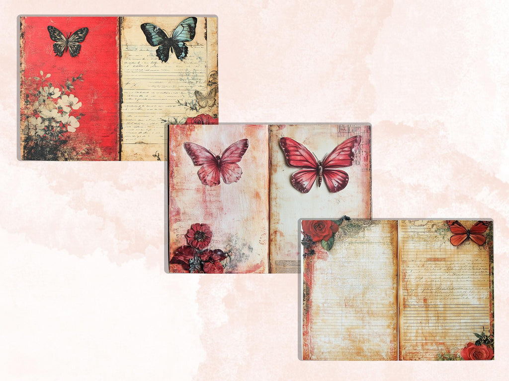 Red Junk Journal Kit, Red Pages Ephemera, Whimsical Collage Sheet, Burgundy Scrapbook Paper, Mixed Media Art ATC Card, Red Background