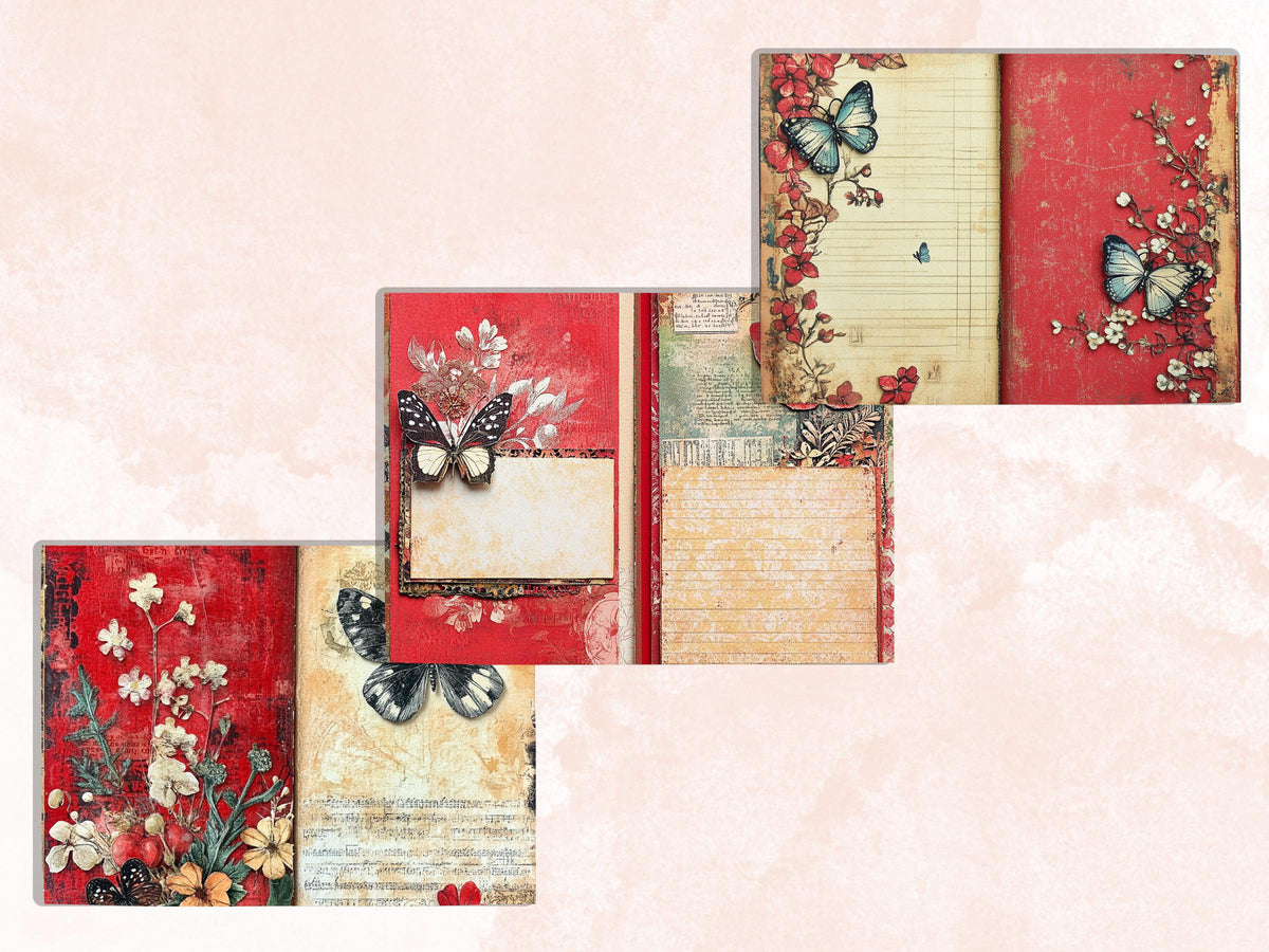 Red Junk Journal Kit, Red Pages Ephemera, Whimsical Collage Sheet, Burgundy Scrapbook Paper, Mixed Media Art ATC Card, Red Background