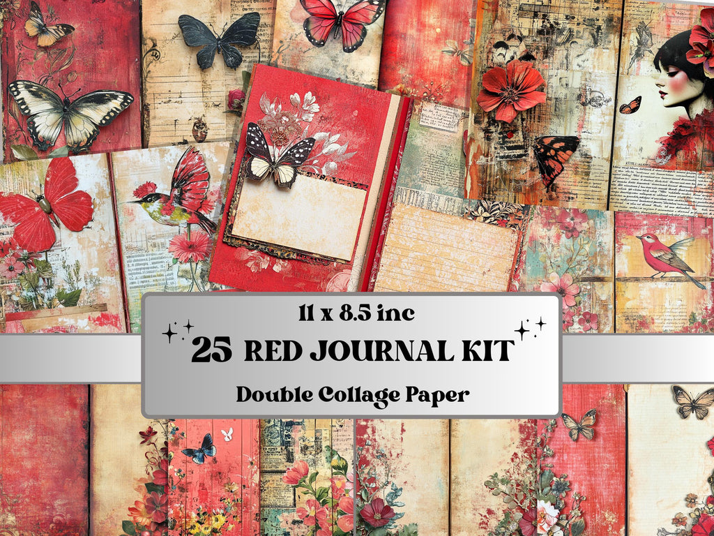 Red Junk Journal Kit, Red Pages Ephemera, Whimsical Collage Sheet, Burgundy Scrapbook Paper, Mixed Media Art ATC Card, Red Background
