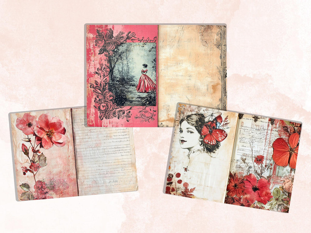 Red Junk Journal Kit, Red Pages Ephemera, Whimsical Collage Sheet, Burgundy Scrapbook Paper, Mixed Media Art ATC Card, Red Background