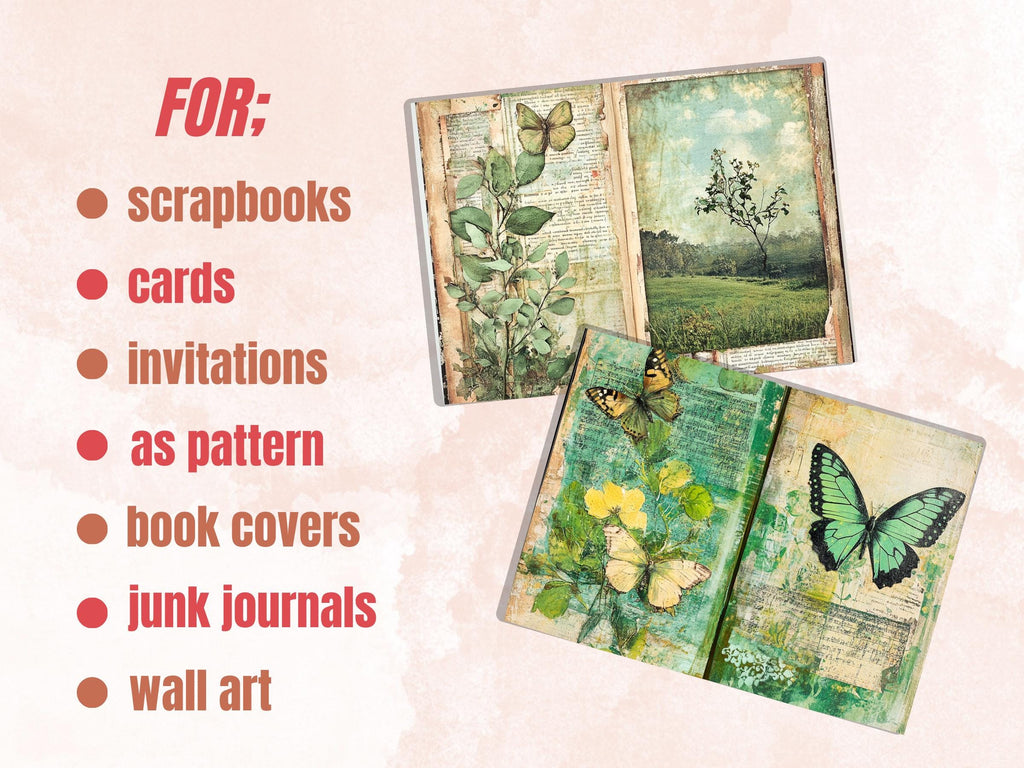 Green Junk Journal Kit, Green Pages Ephemera, Whimsical Collage Sheet, Pastel Cute Scrapbook Paper, Mixed Media ATC Card, Green Background