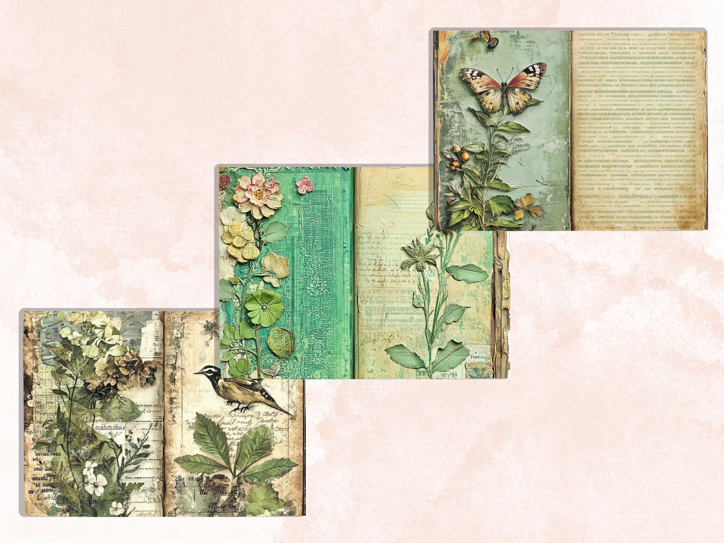Green Junk Journal Kit, Green Pages Ephemera, Whimsical Collage Sheet, Pastel Cute Scrapbook Paper, Mixed Media ATC Card, Green Background