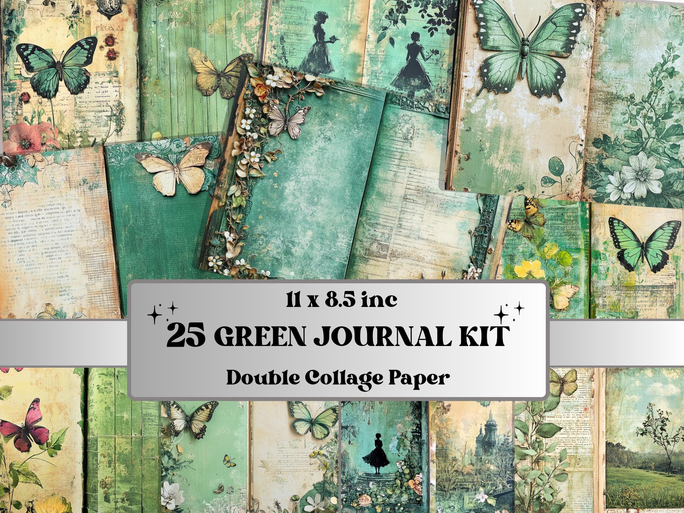 Green Junk Journal Kit, Green Pages Ephemera, Whimsical Collage Sheet, Pastel Cute Scrapbook Paper, Mixed Media ATC Card, Green Background