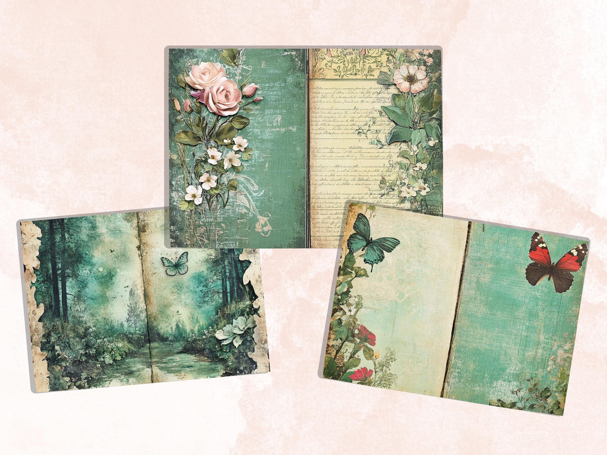 Green Junk Journal Kit, Green Pages Ephemera, Whimsical Collage Sheet, Pastel Cute Scrapbook Paper, Mixed Media ATC Card, Green Background